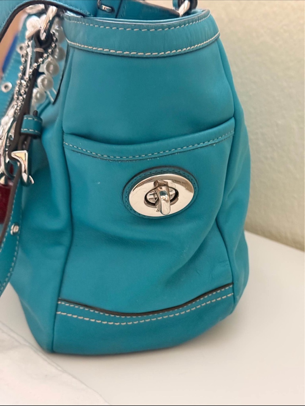 Authentic Coach Teal Turquoise Leather Pleated Gallery Tote – styled w/ a scarf - Picture 8 of 8